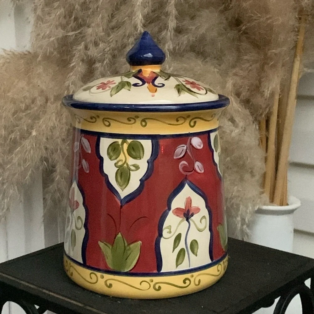 Pier 1 Vallarta Cookie Jar Canister Hand Painted Floral ceramic food storage‎